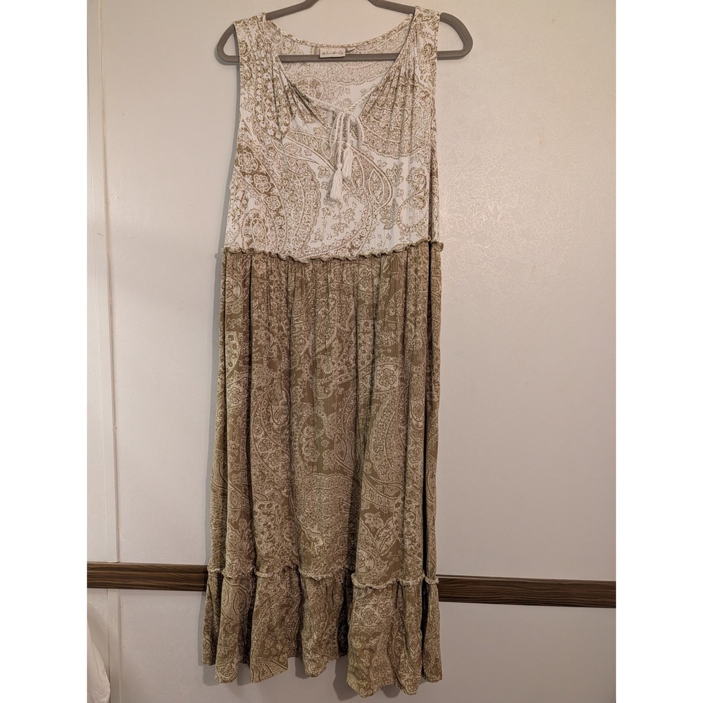 Wonderly Womens 1X Paisley Sleeveless Maxi Dress Tan White Boho Tassel Tiered